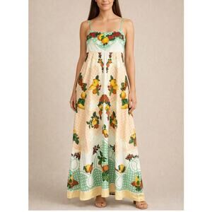 Caroline Constas Fruit Print Linen Blend Maxi Dress Pockets Size S